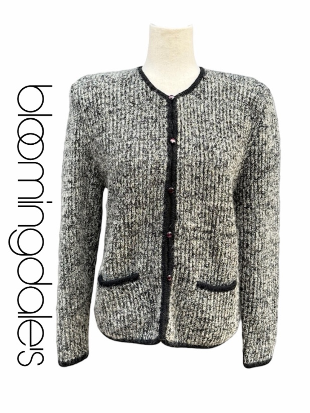 Bloomingdale’s Sutton Sweaters Grey Black Marble Knit Cardigan Jacket VTG Large